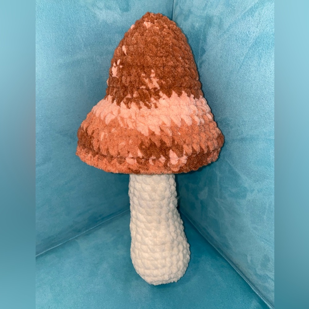 Earthy brownish pinky, peachy capped mushroom huggable pillow pal
